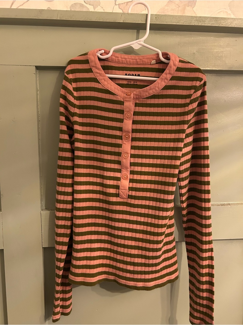 Boden Pink and Olive Striped Ribbed Button Henley